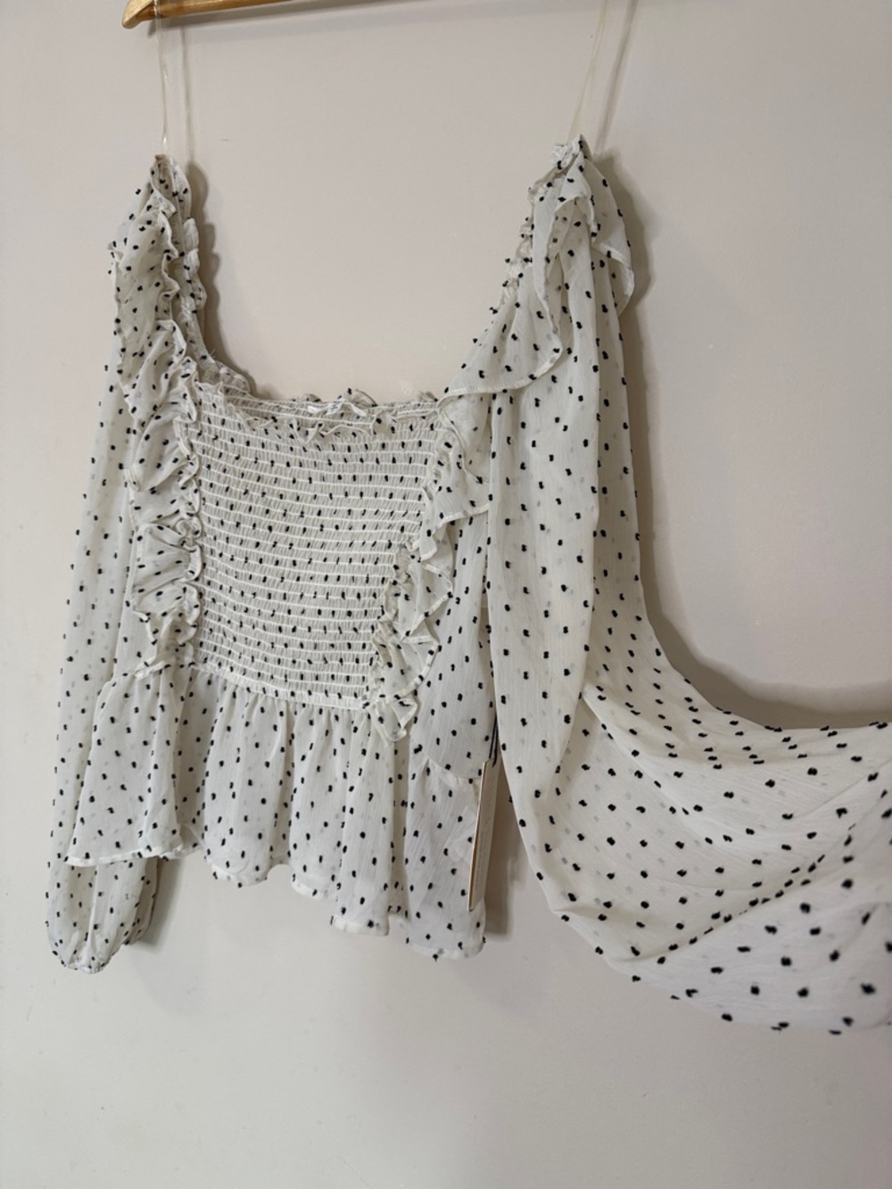 june & hudson White Smocked Peplum Blouse with Black Dot Print Plus size 1X - Picture 2 of 13